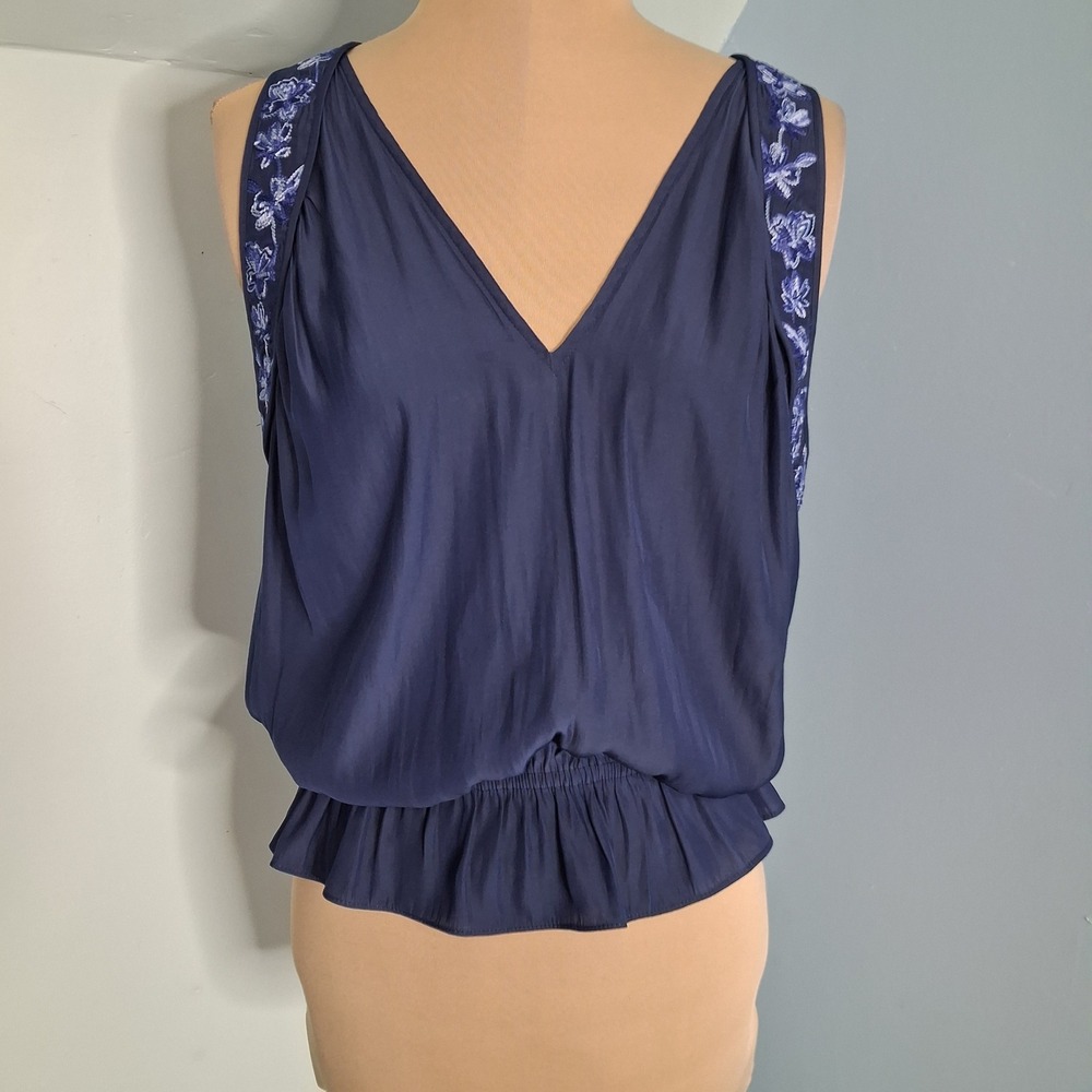 Ramy Brook Satin Blue Embroidered Sleeveless Smocked Peplum Top Large NWT - Picture 13 of 13